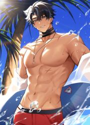  1boy abs bandaged_neck bandages black_bandages black_hair blue_eyes earrings genshin_impact grey_hair hair_between_eyes highres holding holding_surfboard jewelry looking_at_viewer male_focus male_swimwear multicolored_hair muscular muscular_male necklace red_male_swimwear scar short_hair smile solcha solo streaked_hair surfboard teeth topless_male wriothesley_(genshin_impact) 