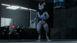  16:9 android anthro female grey_background hi_res machine portal_(series) red_eyes robot robot_anthro simple_background theice_demon turret turret_(portal) valve white_body wickerbeast widescreen 