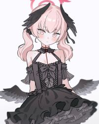  alternate_costume bare_shoulders black_dress black_wings blue_archive blush breasts closed_mouth detached_sleeves dress feathered_wings female frilled_dress frills fymrie hair_between_eyes halo head_wings highres koharu_(blue_archive) long_hair looking_at_viewer low_wings pink_hair pink_halo simple_background small_breasts solo twintails white_background winged_halo wings 