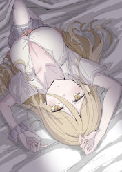  :o arms_up bed_sheet blonde_hair breasts cleavage collarbone collared_shirt female grey_skirt hair_between_eyes large_breasts long_hair long_hair_between_eyes looking_at_viewer lying make_heroine_ga_oo_sugiru! miniskirt on_back pink_scrunchie pleated_skirt school_uniform scrunchie shikiya_yumeko shirt short_sleeves skirt solo white_shirt wrist_scrunchie yellow_eyes yuetsu_saru 