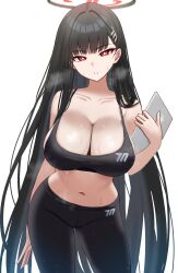  absurdres bare_shoulders black_halo black_pants black_sports_bra blue_archive breasts cleavage collarbone female hair_ornament halo highres hime_cut holding holding_tablet_pc huge_breasts long_hair looking_at_viewer mijikayo millennium_science_school_logo navel pants red_eyes rio_(blue_archive) solo sports_bra stomach sweat tablet_pc very_long_hair white_background yoga_pants 