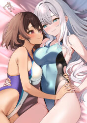  2girls absurdres aqua_eyes aqua_one-piece_swimsuit breasts brown_hair commission competition_swimsuit covered_navel cowboy_shot eye_contact grey_hair highleg highleg_one-piece_swimsuit highres holding_hands long_hair looking_at_another lying medium_breasts multiple_girls one-piece_swimsuit original red_eyes short_hair skeb_commission smile snow-yuuki swimsuit two-tone_swimsuit white_one-piece_swimsuit yuri 