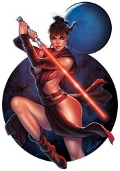  arm_wrap belt boots breasts brown_belt brown_dress brown_footwear brown_hair cleavage dress elias_chatzoudis energy_sword female highres holding_lightsaber large_breasts leg_up lightsaber parted_lips pelvic_curtain red_eyes red_lightsaber red_lips red_nails sideless_dress signature solo star_wars sword updo weapon 