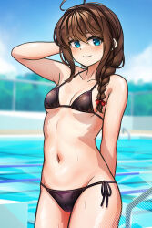  ahoge alternate_costume arm_behind_head arm_up arthur_ko bikini black_bikini blue_sky braid breasts brown_hair cowboy_shot day female hair_over_shoulder highres kantai_collection looking_at_viewer navel outdoors pool pool_ladder poolside shigure_(kancolle) side-tie_bikini_bottom sky small_breasts smile solo standing swimsuit 