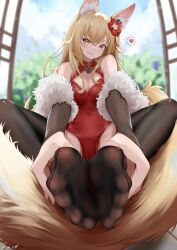  animal_ears black_thighhighs blonde_hair borrowed_character breasts china_dress chinese_clothes cleavage cleavage_cutout clothing_cutout dress feet female foot_focus foot_pussy fox_ears fox_tail fur_trim hair_ornament highres j.c.14 kitsune knees_apart_feet_together large_tail long_hair looking_at_viewer no_shoes original parted_lips presenting_foot soles spread_toes tail thighhighs toes yellow_eyes 