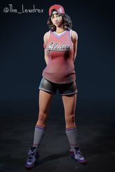  1girls 3d alternate_version_available arms_behind_back athletic athletic_female baseball_cap blender brown_hair cap clothed clothing epic_games female female_focus female_only fortnite headwear highres jewelry lewdrex light-skinned_female light_skin long_socks looking_at_viewer necklace pose posing presenting shirt shoes shorts simple_background sneakers socks solo solo_focus standing tank_top triple_threat watermark 