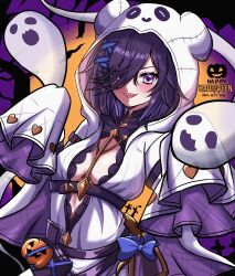  absurdres bags_under_eyes black_hair breasts dress female ghost ghost_costume granblue_fantasy hair_ornament hair_over_one_eye halloween_costume highres hood hood_up hooded_robe jack-o&#039;-lantern lich_(granblue_fantasy) lich_(halloween)_(granblue_fantasy) long_hair long_sleeves looking_at_viewer open_mouth purple_eyes robe sharp_teeth sleeves_past_fingers sleeves_past_wrists small_breasts smile solo teeth white_robe yanapy 