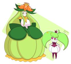  absurd_res alpha_channel big_breasts breasts crown duo elemental_creature elemental_humanoid emlc3690 female flora_fauna generation_5_pokemon generation_7_pokemon hair headgear hi_res humanoid lilligant long_hair nintendo plant plant_humanoid pokemon pokemon_(species) princess princess_dress question_mark royalty steenee 