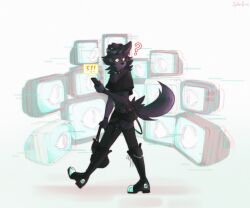  2024 6:5 alternative_fashion anthro biped black_boots black_bottomwear black_clothing black_collar black_crop_top black_footwear black_hair black_shirt black_skirt black_topwear boots bottomwear canid canine cellphone chest_tuft chromatic_aberration clothed clothing collar countershade_face countershade_fur countershading crop_top crossdressing crt digital_media_(artwork) dusk_nightshade ear_piercing ear_ring electronics eyebrows facial_piercing femboy fishnet_clothing fishnet_legwear fishnet_topwear floppy_ears footwear fully_clothed fur glitch_effect grey_body grey_fur hair holding_bag holding_cellphone holding_object holding_phone holding_smartphone legwear lip_piercing long_hair male mammal midriff multiple_piercings nonbinary_(lore) phone piercing question_mark ring_piercing shaded shirt shoelaces shoes skirt smartphone snakebite_piercing solo spider_bones spiked_collar spikes tail television topwear tuft walking yellow_eyes 