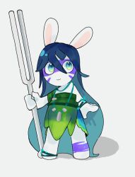  2023 allegra_(mario_plus_rabbids) anthro bangs blue_hair bodypaint bracelet closed_smile clothed clothed_anthro clothed_female clothing colored crossover digital_drawing_(artwork) digital_media_(artwork) dress eye_through_hair face_paint featureless_legs female female_anthro flat_chested green_anklet green_bracelet green_clothing green_dress hair handwear happy hi_res holding_object holding_tuning_fork jewelry lagomorph leaf_dress light lighting long_hair mammal mario_bros mario_plus_rabbids_sparks_of_hope mittens mouth_closed multicolored_clothing multicolored_dress multicolored_hair necklace nintendo noseless rabbid raving_rabbids rayman_(series) renballball rock shaded simple_background smile solo standing tan_inner_ear translucent translucent_hair tuning_fork ubisoft white_background 