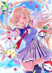  :d absurdres aki_rosenthal aki_rosenthal_(1st_costume) blonde_hair blue_shrug blue_sky blush boots breasts closed_eyes collared_dress commentary_request cowboy_shot detached_hair dress elbow_gloves facing_viewer falling_petals female floating_hair gloves headgear highres hololive incoming_hug long_hair low_twintails necktie no_jacket open_mouth parted_bangs petals pleated_dress purple_eyes reaching reaching_towards_viewer red_necktie rose_petals rosen-tai short_dress short_sleeves shrug_(clothing) sky smile solo thigh_boots tsurugi_hikaru twintails two-tone_dress virtual_youtuber white_dress white_gloves zettai_ryouiki 