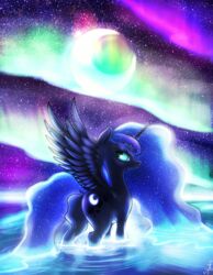 alicorn ass aurora_(phenomenon) bedroom_eyes blue_body blue_fur blue_hair cutie_mark equid equine feathered_wings feathers female feral friendship_is_magic fur hair half-closed_eyes hasbro hi_res hooves horn iridescent iridescent_butt iridescent_feathers iridescent_hair iridescent_mane iridescent_tail iridescent_water iridescent_wings long_hair looking_at_viewer looking_back mammal moon my_little_pony mythological_creature mythological_equine mythology narrowed_eyes outside princess_luna_(mlp) raised_tail seductive shydale sky smile solo star tail teal_eyes water wings