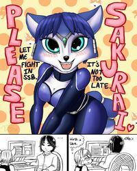 2014 4:5 anthro blue_body blue_fur blue_hair canid canine dialogue duo english_text female fox fur hair human inside krystal_(star_fox) mammal masahiro_sakurai nintendo office star_fox text thewill white_body white_fur