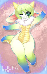 2014 blue_body blue_fur chibi digital_media_(artwork) dragon female fur green_body green_eyes green_fur green_hair hair horn luckypan mythological_creature mythological_scalie mythology nude scalie shaded simple_background smile smirk solo tail