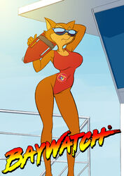 anthro big_breasts breasts chochi clothing curvy_figure domestic_cat english_text eyewear felid feline felis female lifeguard mammal one-piece_swimsuit pamela_bondani parody patrol_03 rescue_buoy solo sunglasses swimwear text text_on_clothing text_on_swimwear