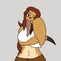 1:1 big_breasts breasts brown_hair claws female hair long_hair long_tongue mammal nada navel one_eye_closed pilosan simple_background sloth solo tartaurus tongue tongue_out wink xenarthran