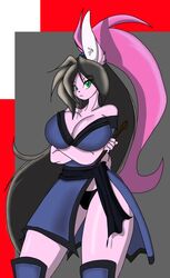 anthro bangs big_breasts big_ears biped black_hair black_nose breasts cleavage clothed clothing crossed_arms curvy_figure female fur green_eyes hair huge_breasts kyoko_usagi lagomorph leporid long_ears long_hair looking_at_viewer mammal mastergodai mature_anthro mature_female multicolored_hair ninja pink_body pink_fur pink_hair ponytail rabbit rascals robe solo standing thick_thighs thong two_tone_hair underwear vashspiegel voluptuous warrior wide_hips