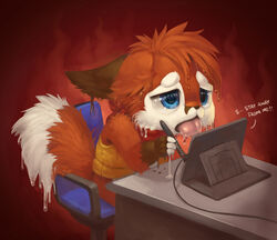 2014 anthro big_eyes big_nug blue_eyes bodily_fluids breaking_the_fourth_wall canid canine computer creating_art desk dialogue digital_media_(artwork) digital_painting_(artwork) drawing drawing_tablet drooling electronics fox furniture male mammal melting open_mouth red_fox saliva silverfox5213 solo sweat table tablet tablet_pen talking_to_artist tongue tongue_out true_fox wet