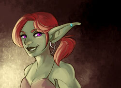 breasts ear_piercing female goblin green_body green_skin hair humanoid looking_at_viewer not_furry piercing ponytail purple_eyes red_hair sirmeo solo