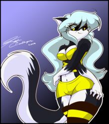 anthro black_body black_fur blackwind_zero blue_hair blush bottomwear breasts canid canine cleavage clothed clothing female fox fur hair long_hair looking_at_viewer mammal mastergodai pose shirt shorts silphia solo topwear wide_hips