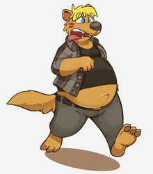 absurd_res anthro barefoot biped blonde_hair blue_eyes brown_body brown_fur clothed clothing facial_markings feet fur hair head_markings herpestid hi_res hyenahyena male mammal markings mongoose overweight overweight_anthro overweight_male seth_h&auml;ser solo tongue