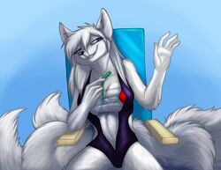 anthro blue_eyes breasts canid canine clothed clothing dreamspinner female fox foxenawolf fur hair krinele_fullin mammal multi_tail smile solo tail white_body white_fur white_hair