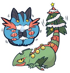 ambiguous_gender christmas christmas_star christmas_tree christmas_tree_topper daww duo feral generation_6_pokemon holidays huiro mega_evolution mega_sceptile mega_swampert nintendo plant pokemon pokemon_(species) simple_background tree white_background