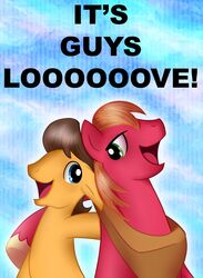 big_macintosh_(mlp) blue_eyes brown_hair caramel_(mlp) colored digital_media_(artwork) draft_horse duo earth_pony equid equine eye_contact friendship_is_magic green_eyes hair hasbro hi_res horse looking_at_another male mammal megasweet my_little_pony orange_hair pony red_body vocalmaker