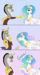 alicorn beard celestiathegreatest chimera cutie_mark dialogue discord_(mlp) draconequus duo english_text equid equine facial_hair fangs feathered_wings feathers female flower friendship_is_magic fur hair hasbro hi_res horn long_hair male mammal multicolored_hair my_little_pony mythological_creature mythological_equine mythology plant princess_celestia_(mlp) purple_eyes red_eyes teeth text white_body white_fur wings