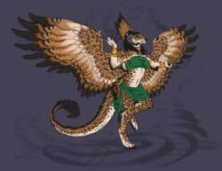 2014 acidapluvia anthro armlet aztec biped black_hair bracelet breasts clothed clothing curved_horn feathered_wings feathers felid female green_eyes hair horn hybrid jaguar jewelry mammal midriff necklace pantherine simple_background solo standing tail wings