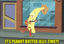 2d_animation adobe_animate_(artwork) animated applejack_(eg) banana banana_costume blonde_hair boots clothing costume cowboy_hat dancing digital_media_(artwork) english_text equestria_girls female food food_costume footwear fruit guitar hair hasbro hat headgear headwear high_framerate human humor low_res mammal motion_tweening musical_instrument my_little_pony plant playing_guitar playing_music plucked_string_instrument short_playtime solo string_instrument text unknown_artist