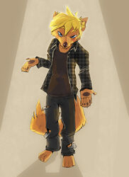 absurd_res anthro barefoot biped blonde_hair blue_eyes brown_body brown_fur brown_nose facial_markings feet fur hair head_markings herpestid hi_res lostshade male mammal markings mongoose seth_h&auml;ser solo