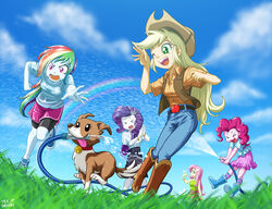 applejack_(eg) avian bird blonde_hair blue_body blue_skin boots bottomwear canid canine canis closed_eyes clothing cloud collar cowboy_hat denim denim_bottomwear denim_clothing domestic_dog equestria_girls female fluttershy_(eg) footwear friendship_is_magic grass green_eyes group hair hasbro hat headgear headwear hose human jeans lagomorph legwear leporid long_hair mammal multicolored_hair my_little_pony open_mouth outside pants pink_hair pinkie_pie_(eg) plant purple_eyes purple_hair rabbit rainbow rainbow_arch rainbow_dash_(eg) rainbow_hair rarity_(eg) shoes shorts skirt sky sneakers socks tongue tongue_out topwear uotapo vest water wet winona_(mlp)