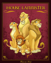 2014 a_song_of_ice_and_fire blue_eyes border cersei_lannister english_text felid female feral fur game_of_thrones group jaime_lannister lion male mammal mane marimoreno pantherine pink_nose red_border tail tail_tuft text tuft tyrion_lannister tywin_lannister whiskers yellow_body yellow_fur