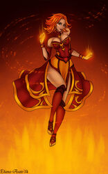 2014 5:8 breasts burning clothing dota dress eliana-asato female fire flying glowing hair hi_res human lina_the_slayer lips magic mammal not_furry orange_eyes orange_hair red_clothing red_dress red_lips solo