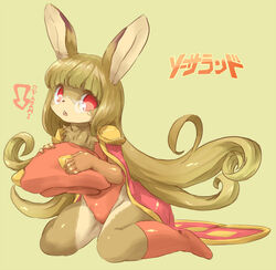 brown_body brown_fur brown_hair bulge femboy fur hair japanese_text lagomorph leporid looking_at_viewer male mammal open_mouth rabbit rabina_(sorcerland) red_eyes solo sorcerland text translated yoona