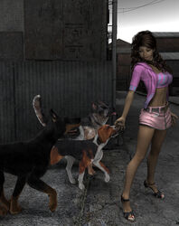 3d_(artwork) alley anthro beagle bottomwear breasts brown_hair canid canine canis clothing corrugated_metal curled_hair curls darksoul digital_media_(artwork) dobermann domestic_dog female fire_escape footwear german_shepherd graffiti group hair herding_dog hi_res high_heels human hunting_dog male male/female mammal navel pastoral_dog pinscher platform_footwear platform_heels rainpipe scent_hound shoes skirt smile stephanie_(disambiguation) tongue