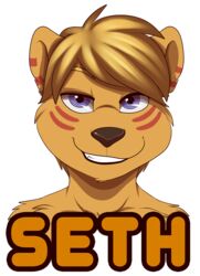 2014 alpha_channel anthro blonde_hair blue_eyes brown_body brown_fur brown_nose facial_markings fur hair head_markings herpestid male mammal markings mongoose muzz name_badge seth_h&auml;ser solo