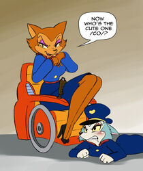 angry anthro ass blush breasts carmen_(patrol_03) chochi clothed clothing disability domestic_cat duo english_text felid feline felis female footwear high_heels looking_at_viewer mammal motorized_wheelchair pamela_bondani paraplegic patrol_03 police smile text vehicle wheelchair