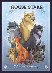 2014 a_song_of_ice_and_fire arya_stark blue_border border brandon_stark canid canine canis eddard_stark english_text female feral fur game_of_thrones group jon_snow male mammal marimoreno rickon_stark robb_stark sansa_stark text url wolf