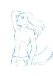 anthro blue_and_white bottomwear canid canine canis clothed clothing domestic_dog fur hair hi_res kurapika long_hair looking_at_viewer male mammal monochrome pants pose raven_wolf simple_background sketch solo steve_(raven_wolf) topless white_background