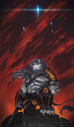 abs anthro armor athletic bandage beefnoodles biceps big_muscles biped black_nose blue_eyes bottomwear canid canine claws clothed clothing crouching fur grey_body grey_fur hair kneeling leaning leaning_forward long_hair male mammal muscular muscular_anthro muscular_male pants pecs pose ramenbeny solo toe_claws topless