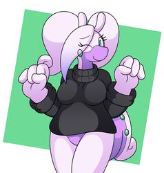 2014 4_fingers anthro blouse blue_eyes breasts clothing emiridian female fingers generation_6_pokemon goodra happy hi_res long_sleeves looking_at_viewer maude_boucher nintendo one_eye_closed pokemon pokemon_(species) solo tail topwear wink