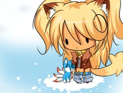 4:3 big_head canid canine canis chibi clothing collar cuddly domestic_cat duo felid feline felis female frost_wolf jacket kandiineko long_tail male mammal tail topwear wolf