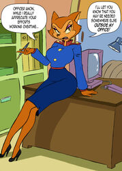 angry anthro big_breasts breasts canid canine chochi clothed clothing computer desk domestic_cat electronics english_text felid feline felis female footwear fox furniture high_heels lamp looking_at_viewer mammal pamela_bondani patrol_03 pen police solo table text