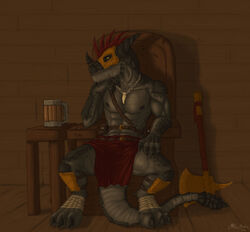 2014 abs absurd_res ace_stryker alcohol anthro armor axe battle_axe beer beer_mug beverage biceps bottomwear chair claws clothed clothing container cup dragon fantasy floor food furniture hi_res horn loincloth looking_at_viewer male mammal mask medieval melee_weapon muscular muscular_anthro muscular_male mythological_creature mythological_scalie mythology nipples pecs pose scalie scar solo tail tavern wall_(structure) warrior weapon wood wood_floor wood_wall wraps yellow_eyes