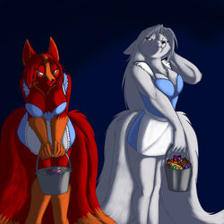 1:1 anthro black_nose blue_eyes breasts candy canid canine cleavage clothed clothing dessert dreamspinner duo female food fox foxenawolf fur hair krinele_fullin looking_at_viewer mammal molly_fullin multi_tail orange_body orange_fur orange_hair red_body red_fur red_hair smile tail white_body white_fur white_hair