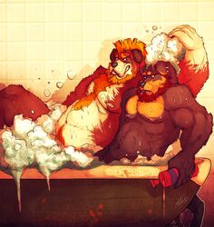 2014 anthro assisted_bathing bath bathing beard biceps boris_(vetrowolf) canid canine canis domestic_dog duo ear_piercing facial_hair hi_res male male/male mammal mastiff molosser mountain_dog musclegut muscular nude overweight piercing rottweiler saint_bernard slightly_chubby vetrowolf water