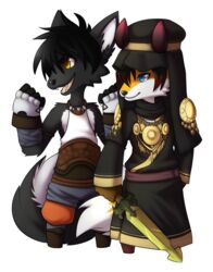 alpha_channel anthro ash_harden black_body black_fur blue_eyes bravely_default brown_eyes canid canine duo fox fur hi_res hybrid male mammal melee_weapon mephitid monk nanabi_ashiro orange_body orange_fur remonpie silicon_studio simple_background skunk spell_fencer sword transparent_background weapon white_body white_fur