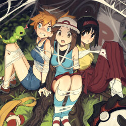  1other 3girls arms_behind_back black_gloves black_hair blue_eyes blue_shorts blue_socks blush bondage bondage bound bound_ankles bound_arms bound_legs bound_torso breasts brown_eyes brown_hair bug cad_(caddo) caterpie crop_top erika_(pokemon) gloves hairband hakama hat highres holding holding_poke_ball japanese_clothes kasumi_(pokemon) kimono leaf_(pokemon) long_hair looking_at_viewer medium_breasts midriff miniskirt multiple_girls orange_hair out_of_frame poke_ball poke_ball_(basic) pokemon pokemon_(creature) porkpie_hat red_hairband red_hakama red_skirt restrained shirt short_hair shorts side_ponytail silk skirt sleeveless sleeveless_shirt socks spider_web tabi team_rocket white_socks yellow_bag yellow_kimono 